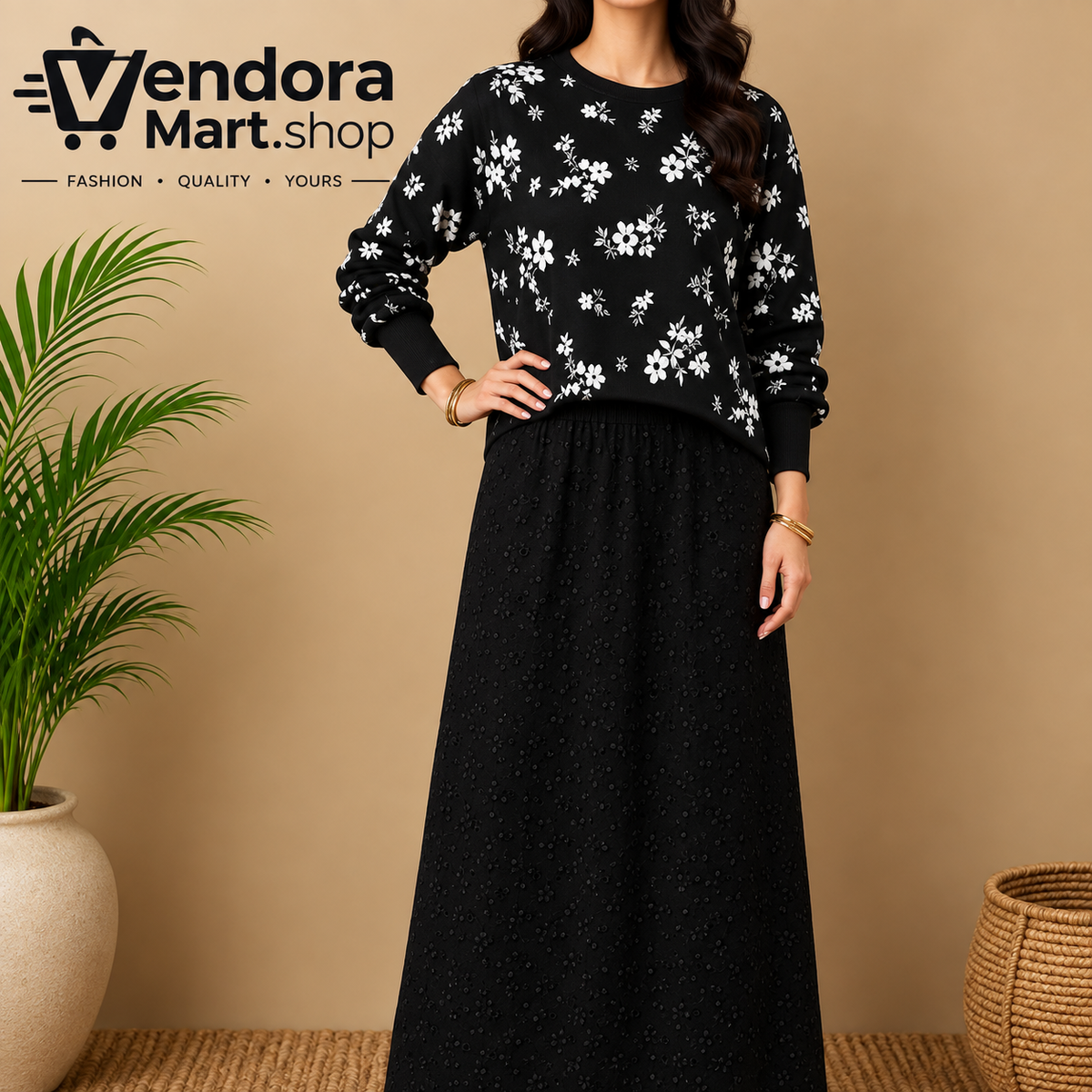 Black and White Floral Print Two-Piece Overlay Maxi Dress Set