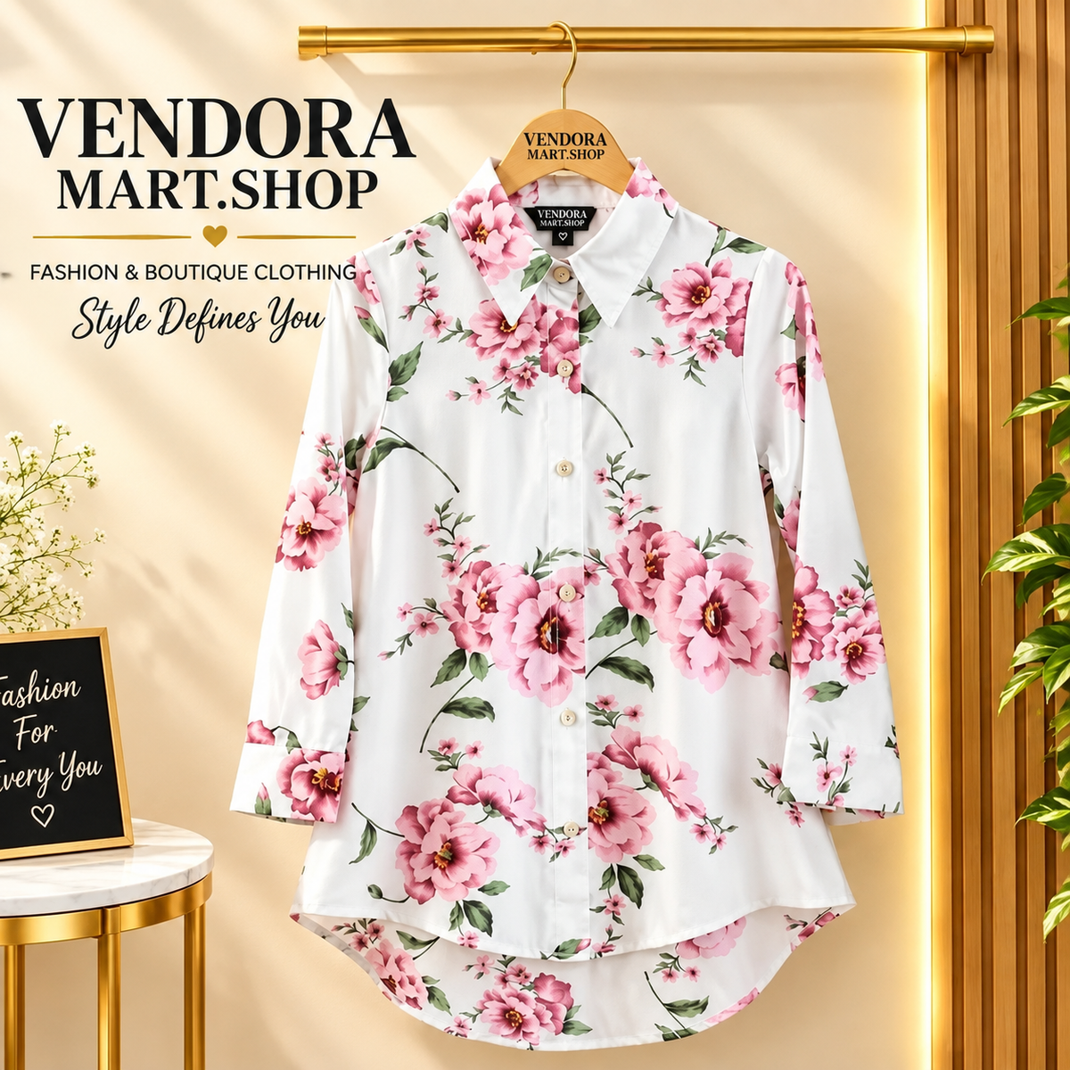 White Pink Floral Print Collared Tunic Shirt