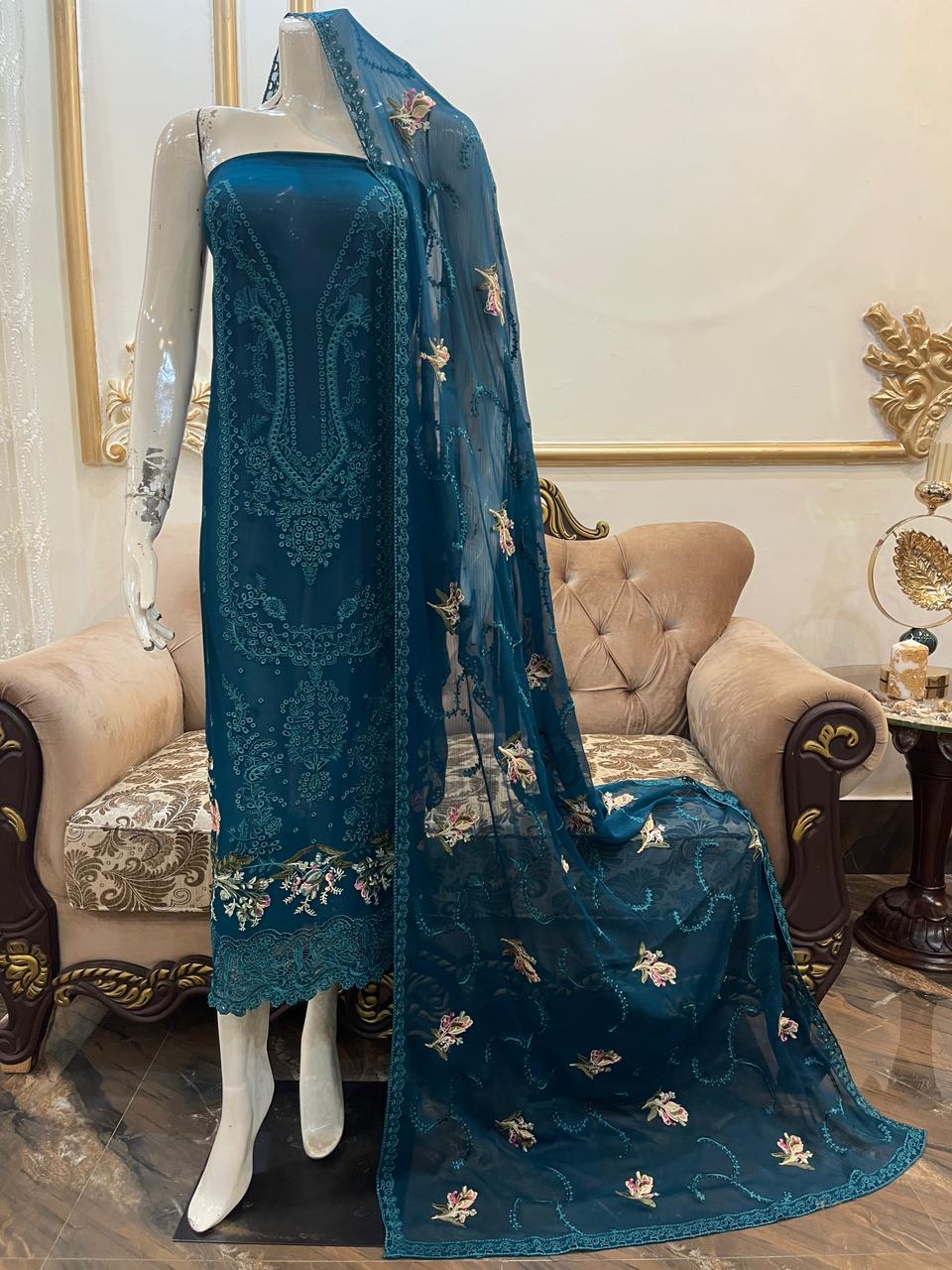 Elegant Embroidered Chiffon 3-Piece Unstitched Suit with Floral Dupatta