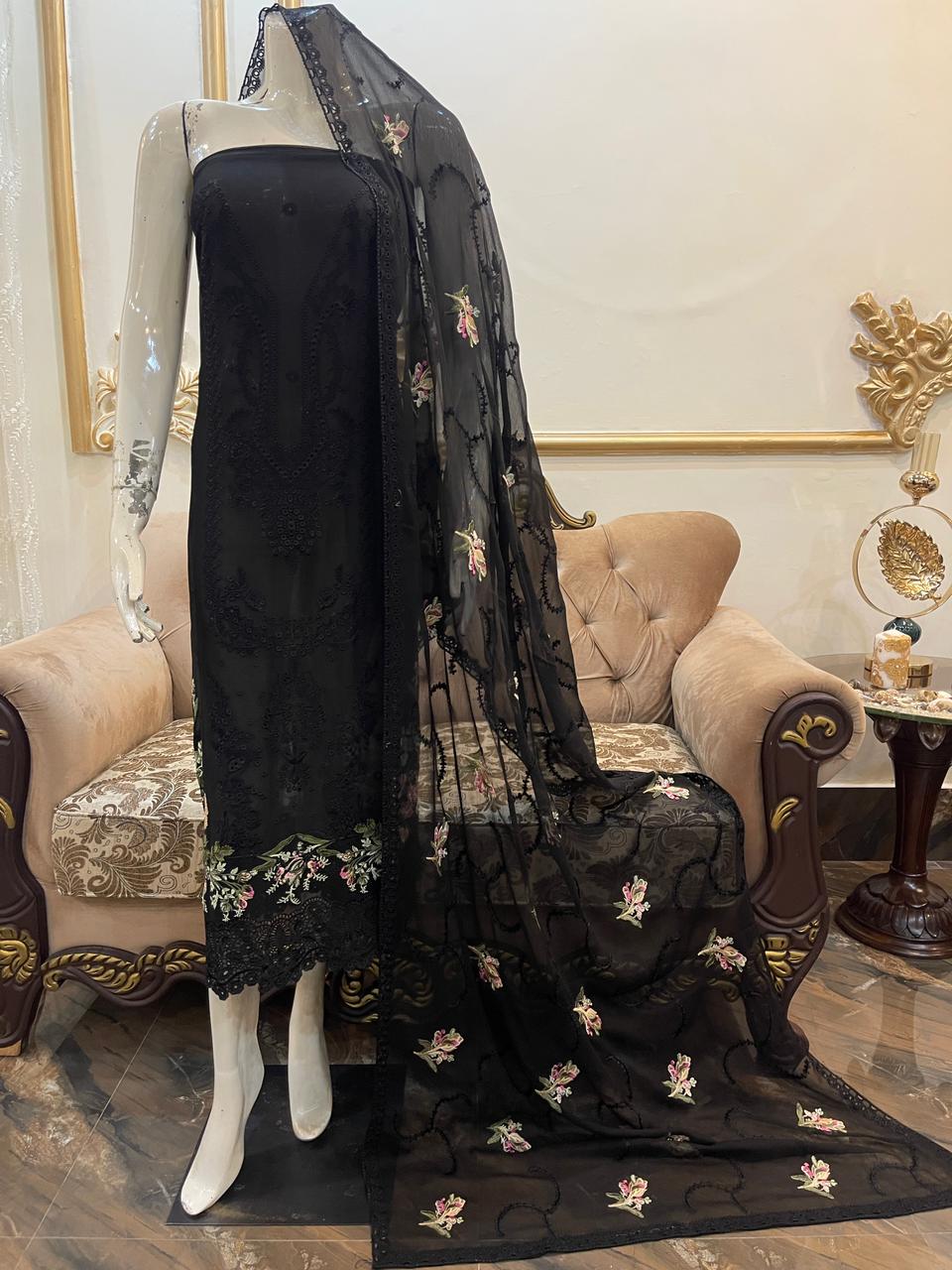 Elegant Embroidered Chiffon 3-Piece Unstitched Suit with Floral Dupatta