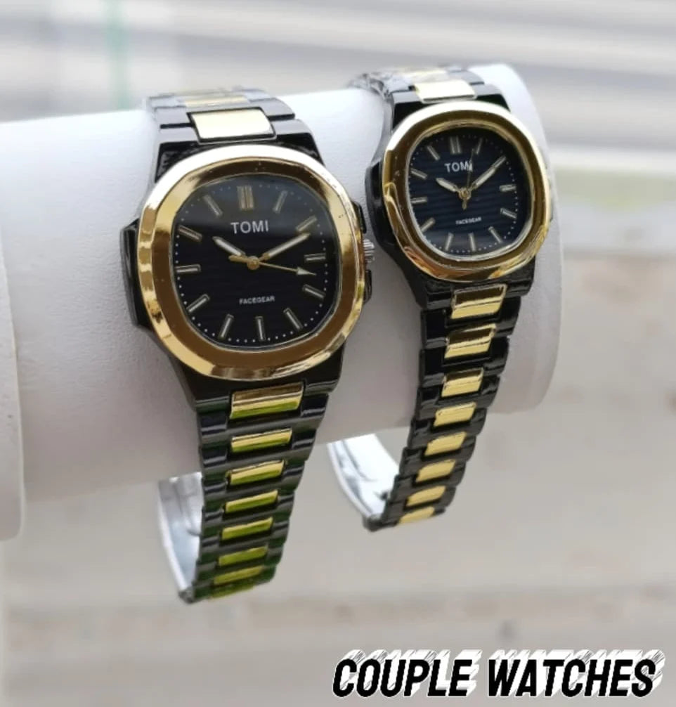 TOMI Luxury Couple Watches – Silver & Rose Gold Stainless Steel Analog Watch Pair