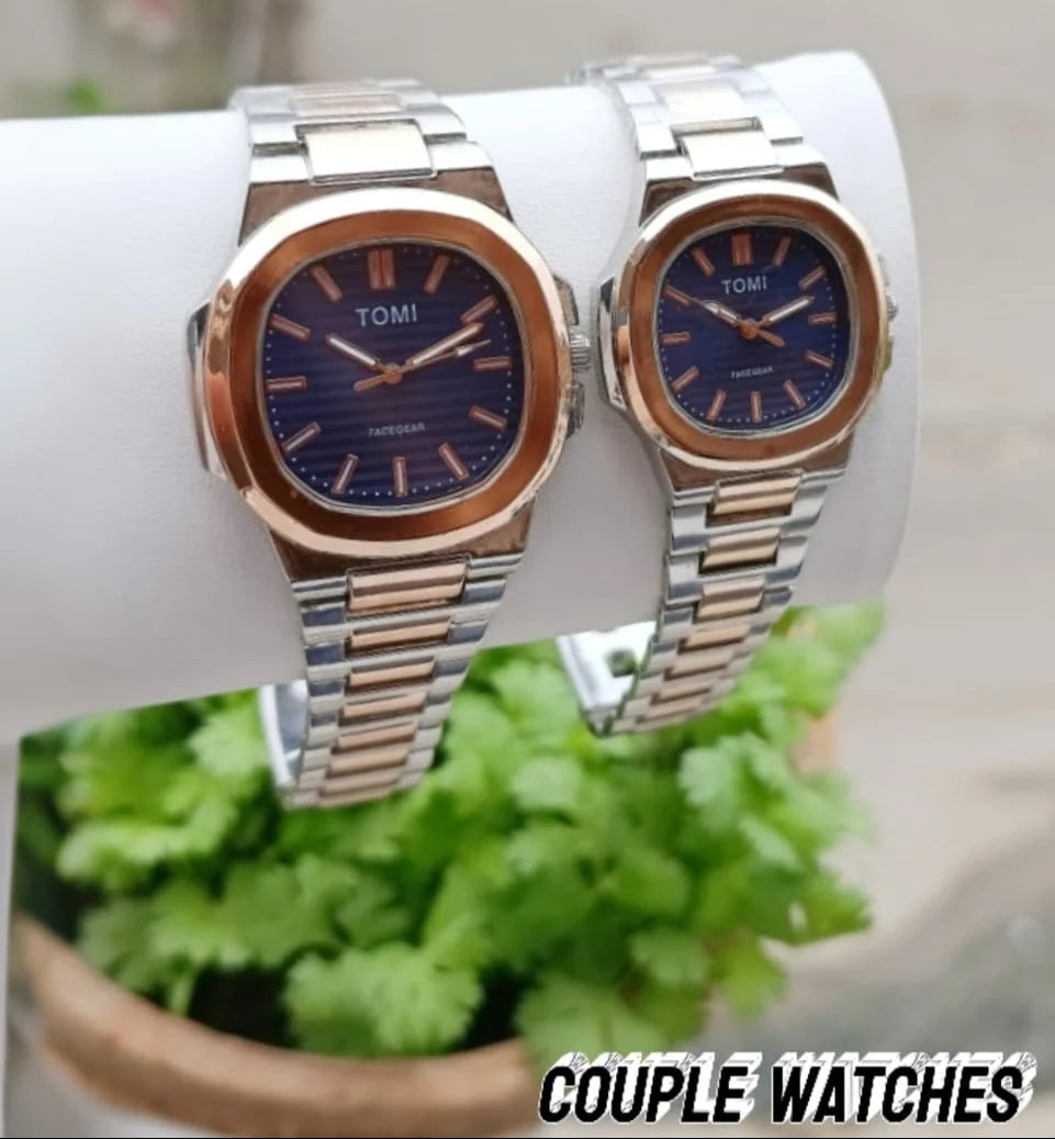 TOMI Luxury Couple Watches – Silver & Rose Gold Stainless Steel Analog Watch Pair