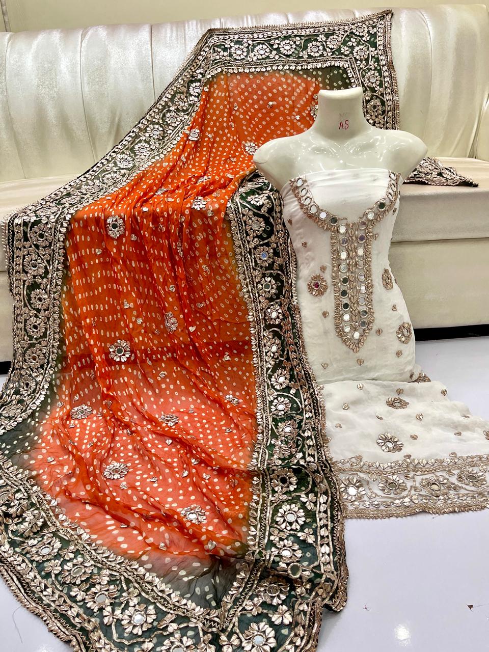 Traditional Mirror Work & Bandhani Dupatta 3-Piece Unstitched Suit