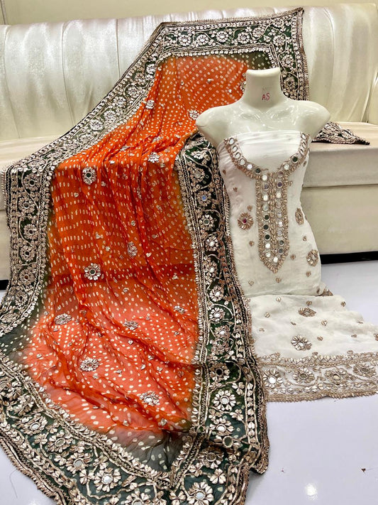 Traditional Mirror Work & Bandhani Dupatta 3-Piece Unstitched Suit
