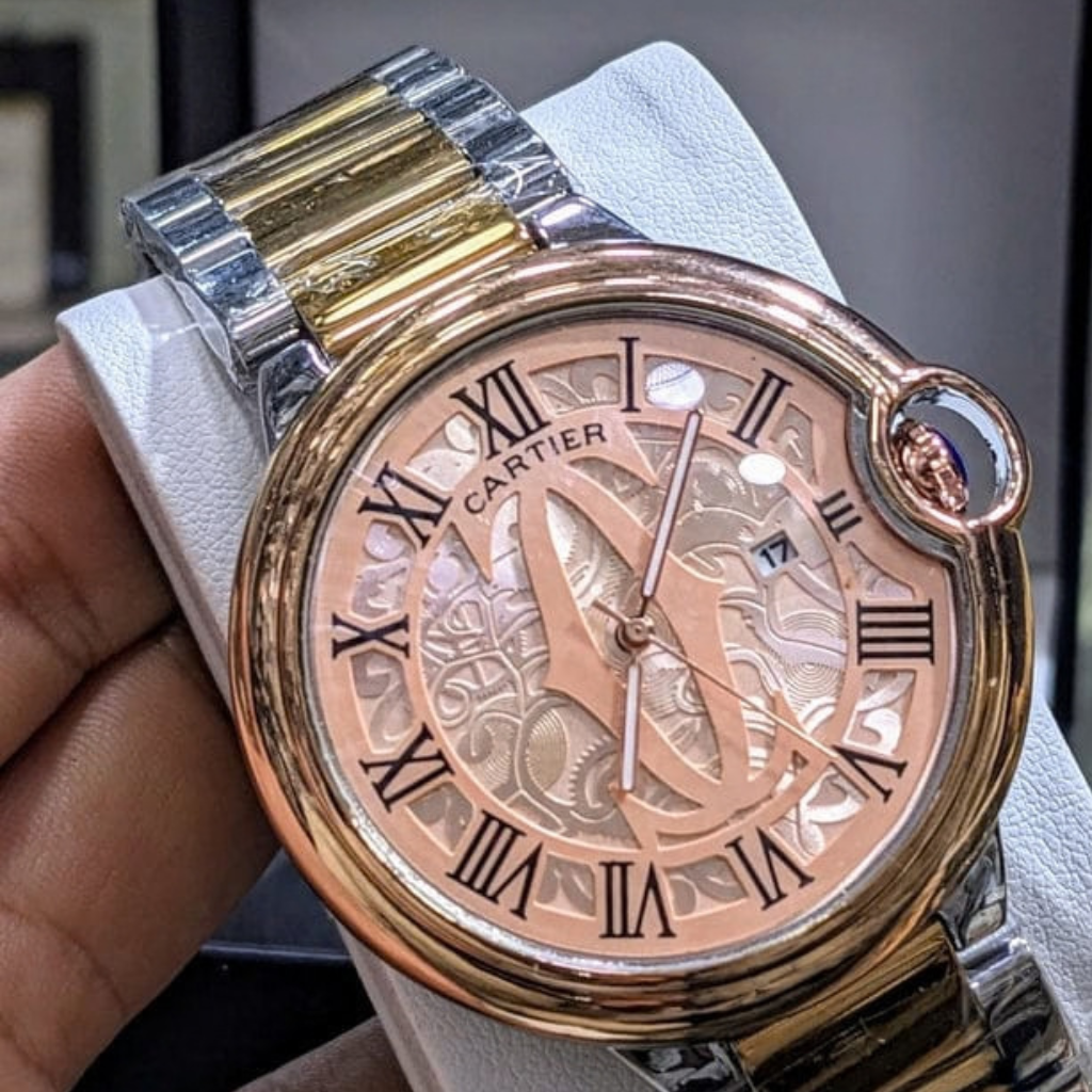 Cartier Luxury Two-Tone Round Analog Watch – Rose Gold Skeleton Textured Dial