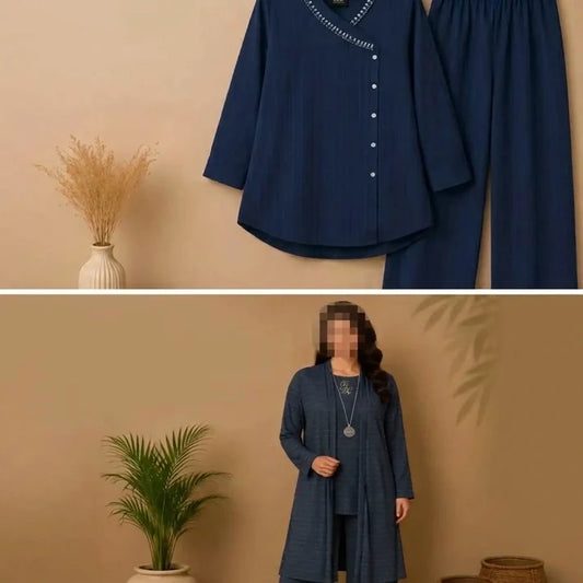 Shimmer Three-Piece Open-Front Coat, Top, and Trouser Set