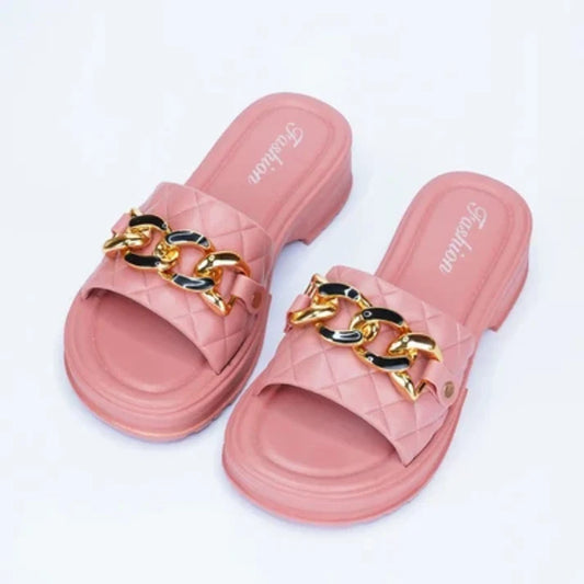 Chic Quilted Platform Slides with Gold Chain Accent – Pink