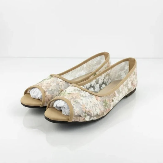 VENDORA Floral Lace Peep-Toe Flats – Beige for female