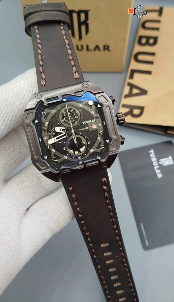 TUBULAR Men's Industrial Square Chronograph Watch – Gunmetal Case & Leather Strap
