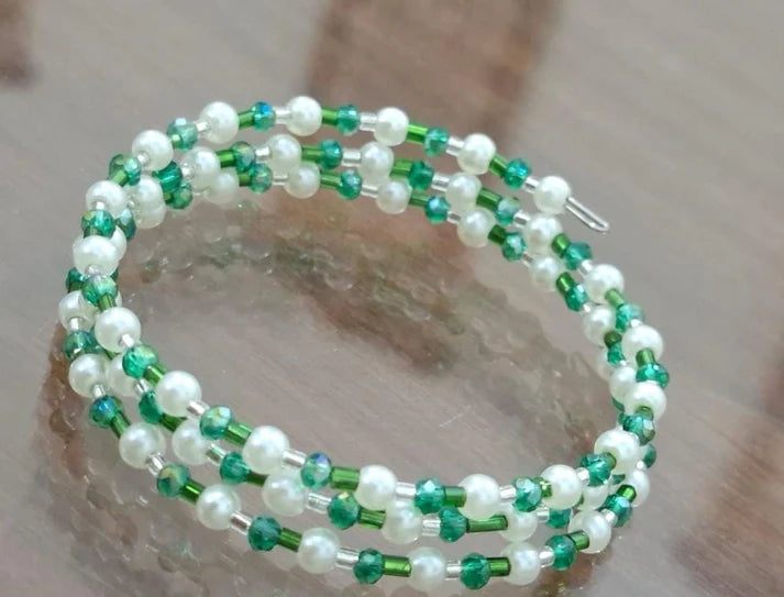Handmade Beaded Memory Wire Wrap Bracelet – Pearl & Crystal Strand Bangle 3 in 1