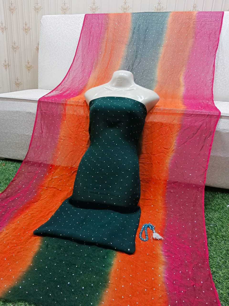 Title: Sequined Unstitched Suit with Multicolor Striped Dupatta