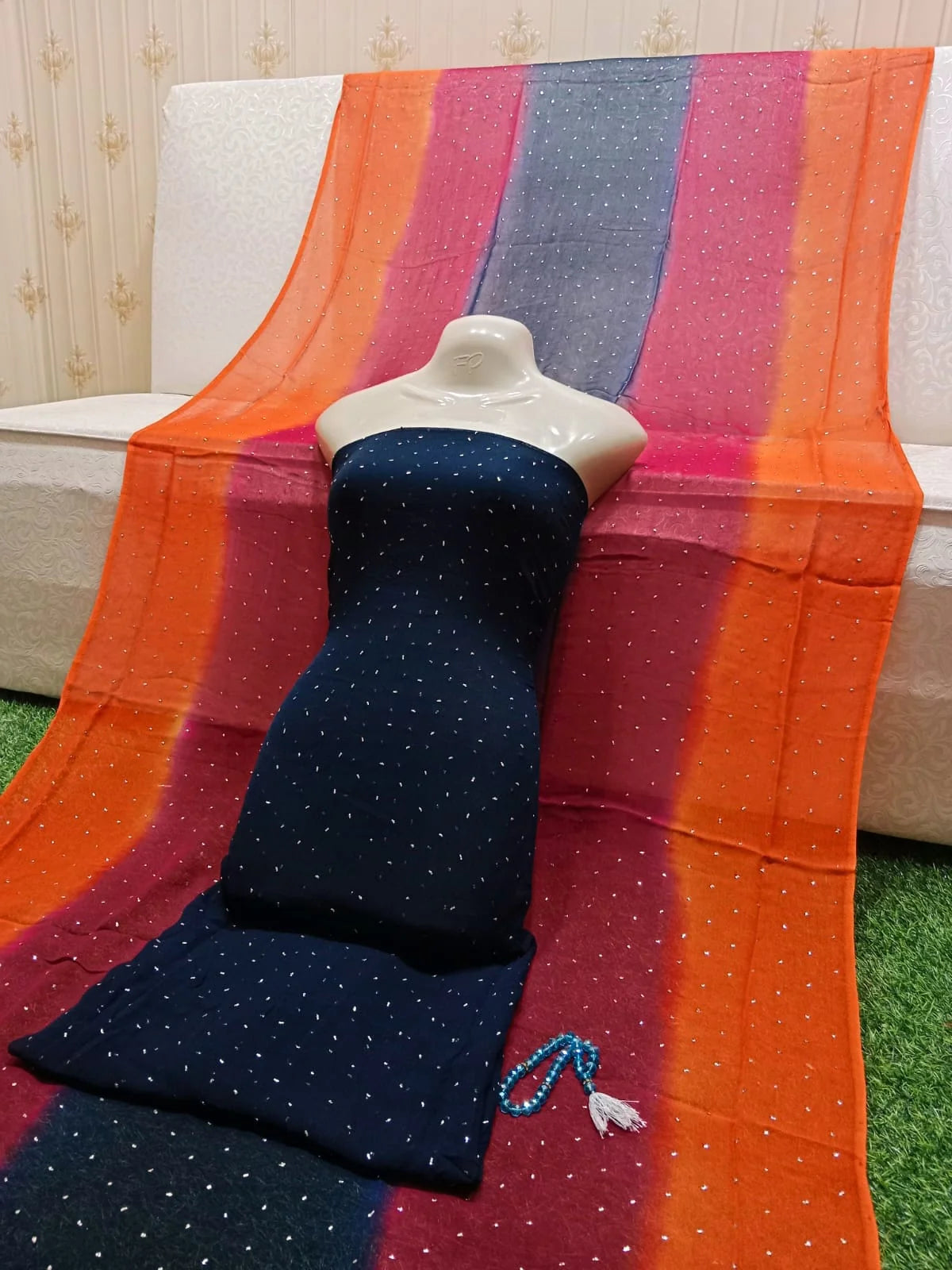 Title: Sequined Unstitched Suit with Multicolor Striped Dupatta