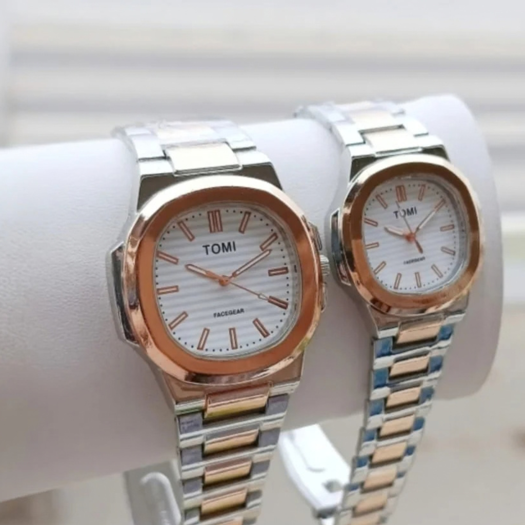 TOMI Luxury Couple Watches – Silver & Rose Gold Stainless Steel Analog Watch Pair