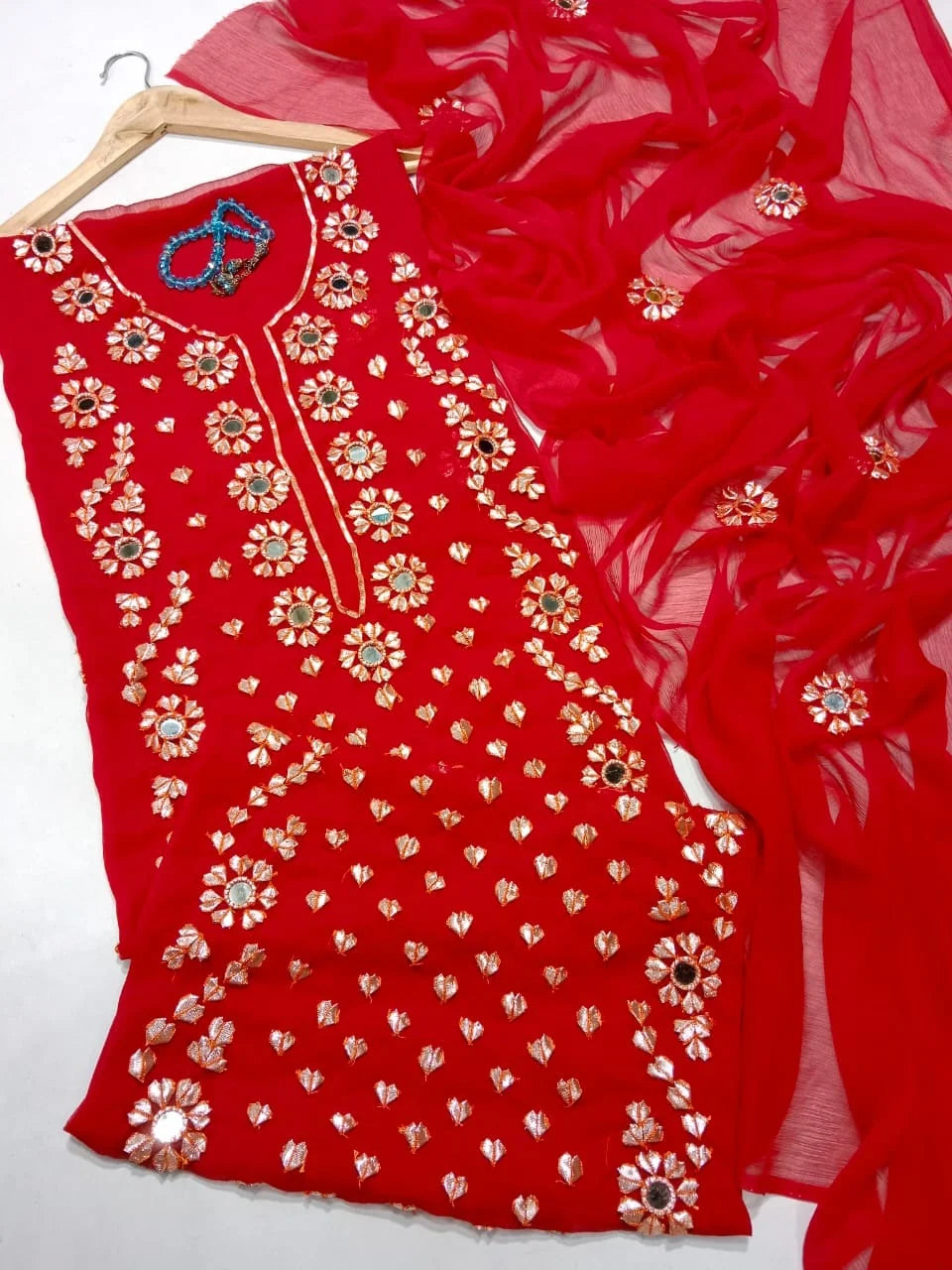 Handwork Chiffon Gotta Suit with Mirror Embellished Dupatta
