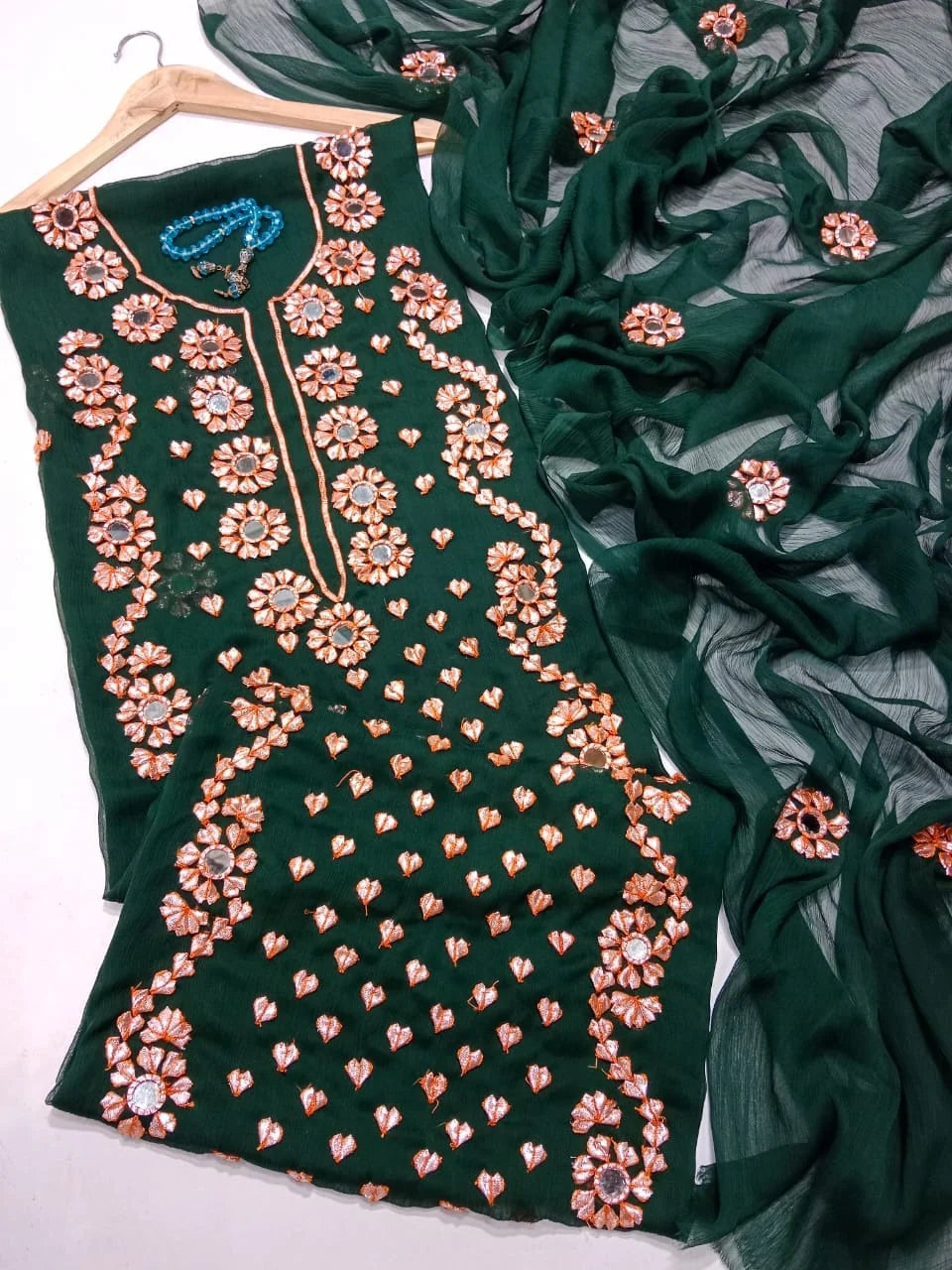 Handwork Chiffon Gotta Suit with Mirror Embellished Dupatta