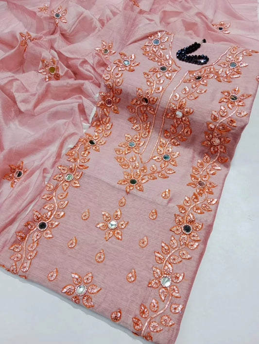 Embroidered Mirror Work 3-Piece Unstitched Suit with Matching Dupatta