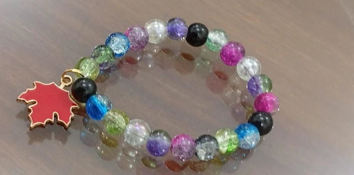 Handmade Crackle Glass Beaded Stretch Bracelet – Maple Leaf Charm Wristband