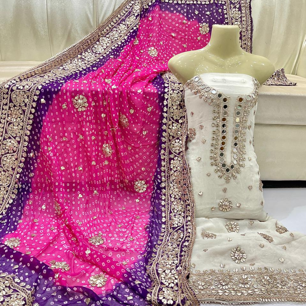 Traditional Mirror Work & Bandhani Dupatta 3-Piece Unstitched Suit