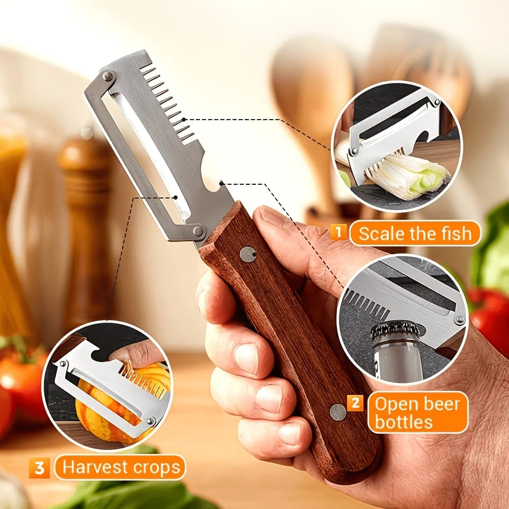 Multifunctional Stainless Steel Kitchen Peeler & Fish Scaler with Wooden Handle