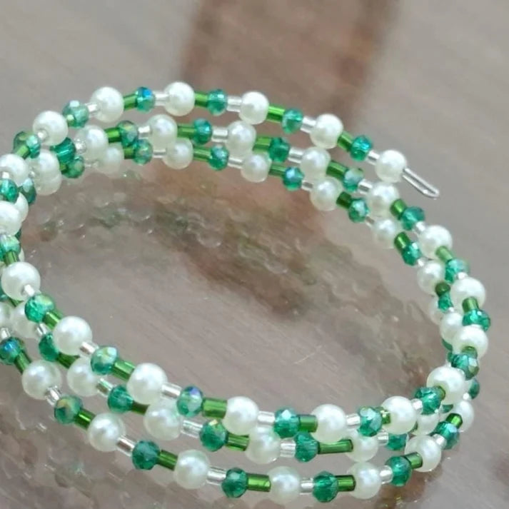 Handmade Beaded Memory Wire Wrap Bracelet – Pearl & Crystal Strand Bangle 3 in 1