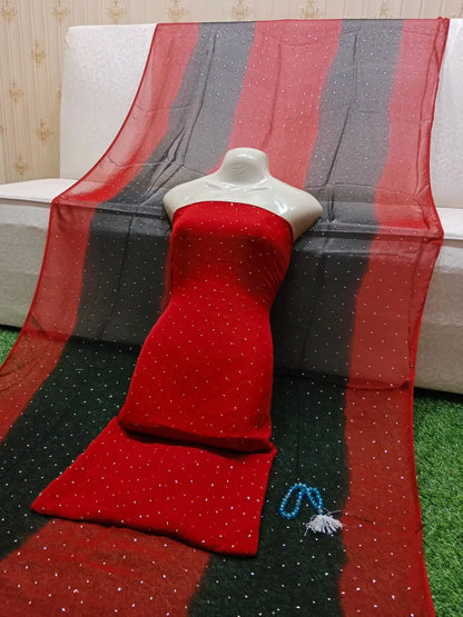 Title: Sequined Unstitched Suit with Multicolor Striped Dupatta