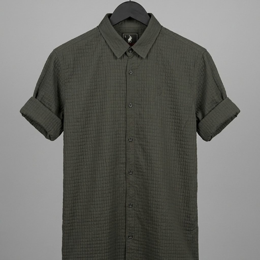 Vendora Mart Olive Green Grid-Textured Short-Sleeve Shirt