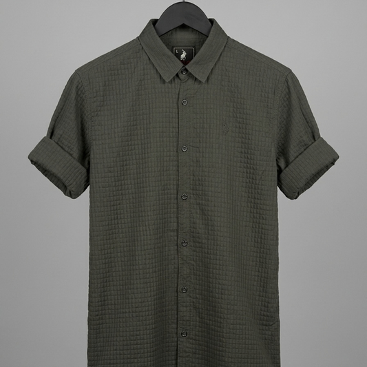 Vendora Mart Olive Green Grid-Textured Short-Sleeve Shirt