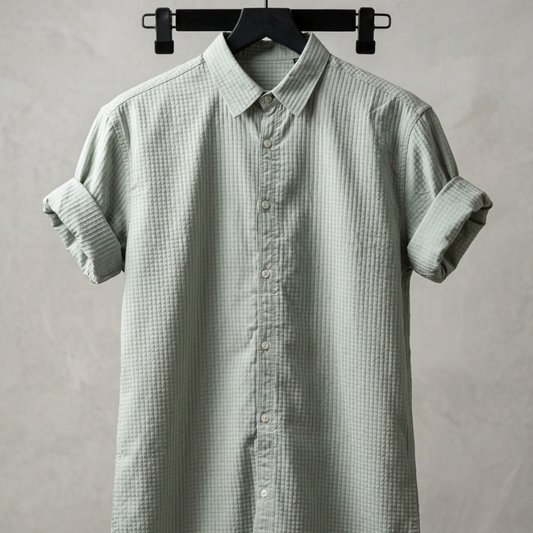 Vendora Mart Sage Green Grid-Textured Short-Sleeve Shirt