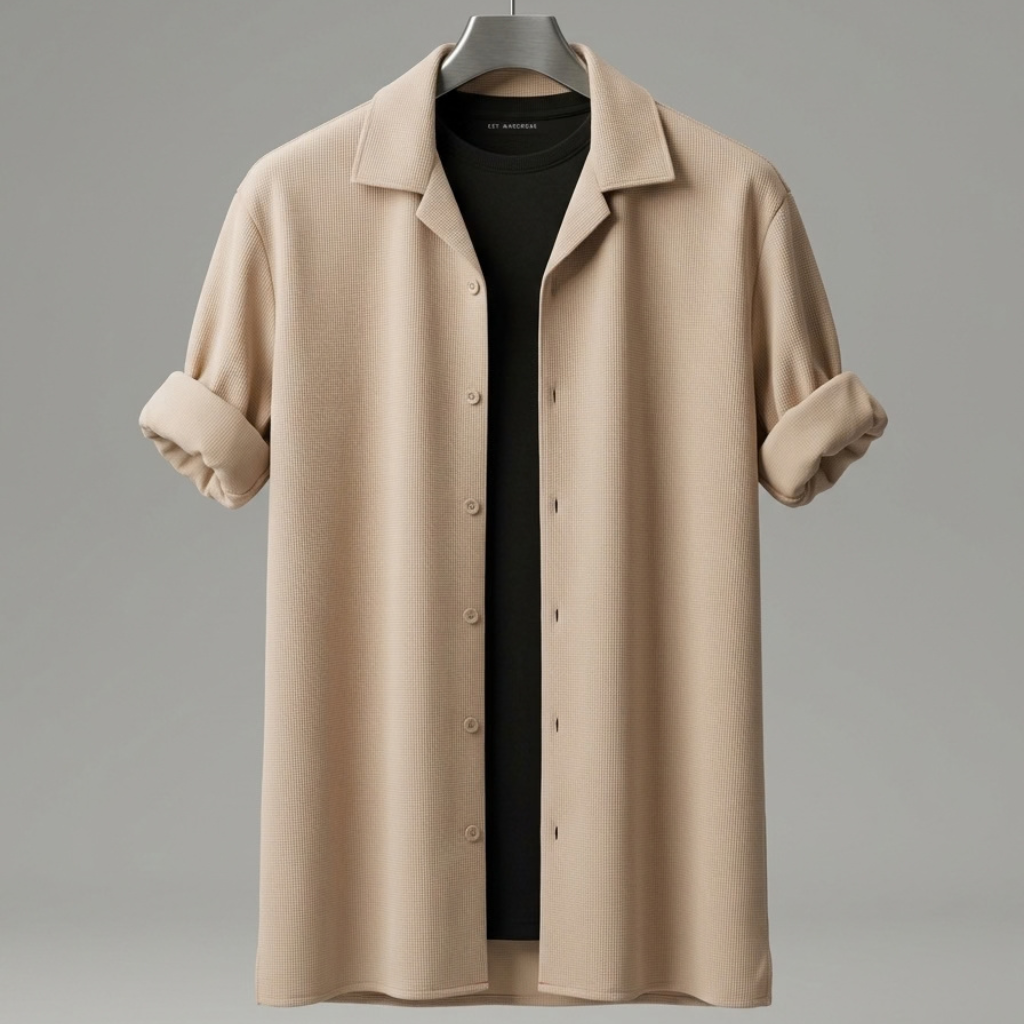 Vendoramart Beige Textured Short-Sleeve Overshirt with Black Tee