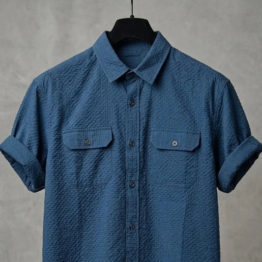 Vendora Mart  Blue Textured Short-Sleeve Utility Shirt