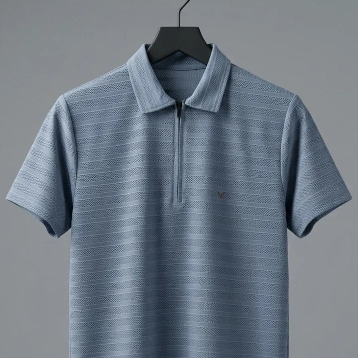 Vendora Mart Blue Textured Half-Zip Polo Shirt