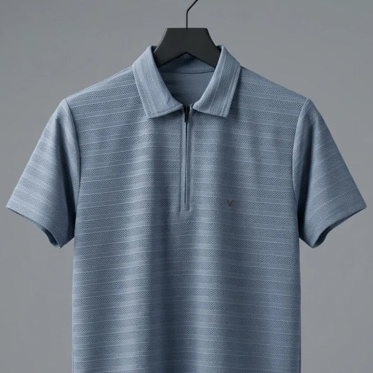 Vendora Mart Blue Textured Half-Zip Polo Shirt