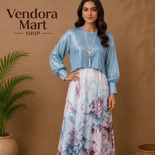 Ice Blue and Purple Floral Print Two-Piece Overlay Maxi Dress Set