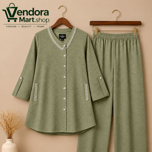 Sage Green Patterned Button-Down Tunic and Trouser Set