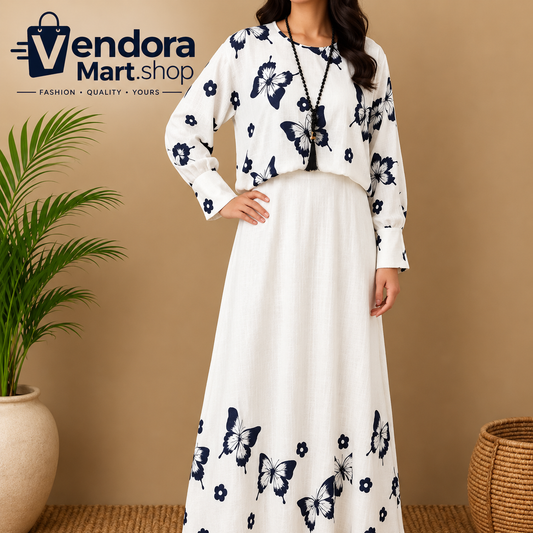 VENDORA Butterfly Print Two-Piece Overlay Maxi Dress Set