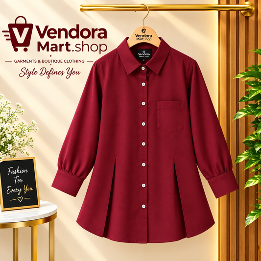 Vendora Burgundy Pleated Front Button-Down Shirt