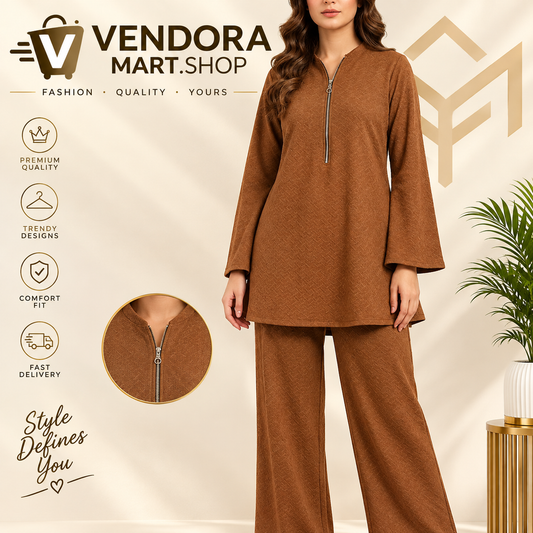 VENDORA Mocha Textured Half-Zip Co-ord Set