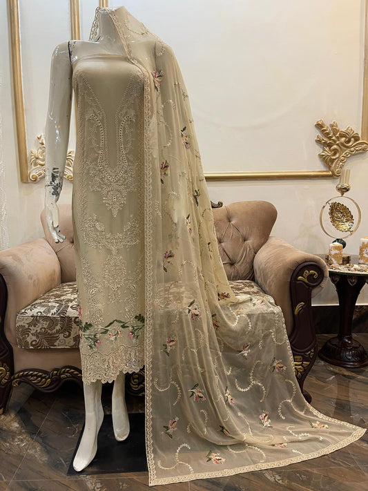 Elegant Embroidered Chiffon 3-Piece Unstitched Suit with Floral Dupatta