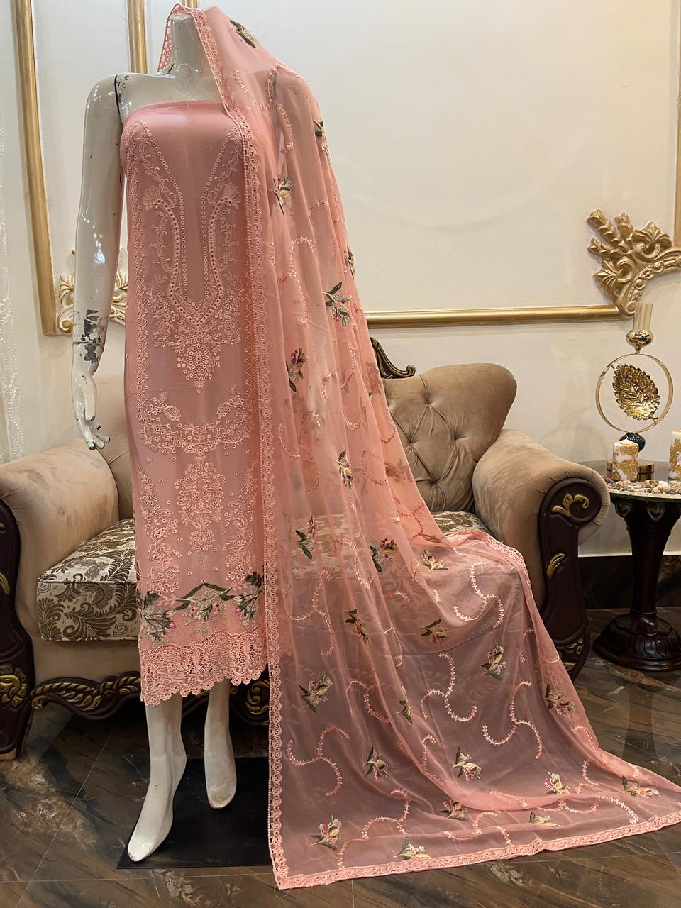 Elegant Embroidered Chiffon 3-Piece Unstitched Suit with Floral Dupatta