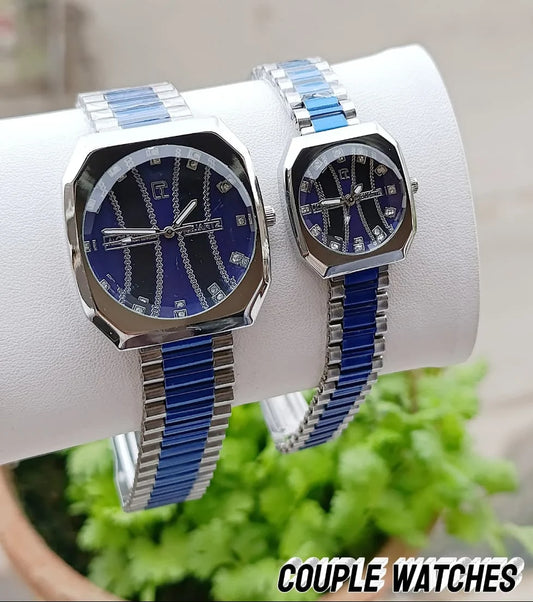 Elegant His & Hers Quartz Watch Pair – Geometric Gold Dial with Chain Pattern Design