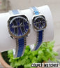 Elegant His & Hers Quartz Watch Pair – Geometric Gold Dial with Chain Pattern Design