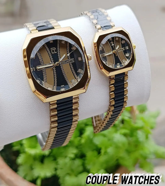 Elegant His & Hers Quartz Watch Pair – Geometric Gold Dial with Chain Pattern Design