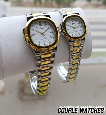 TOMI Luxury Couple Watches – Silver & Rose Gold Stainless Steel Analog Watch Pair