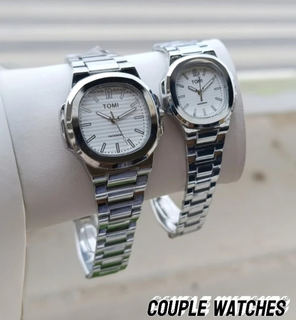 TOMI Luxury Couple Watches – Silver & Rose Gold Stainless Steel Analog Watch Pair