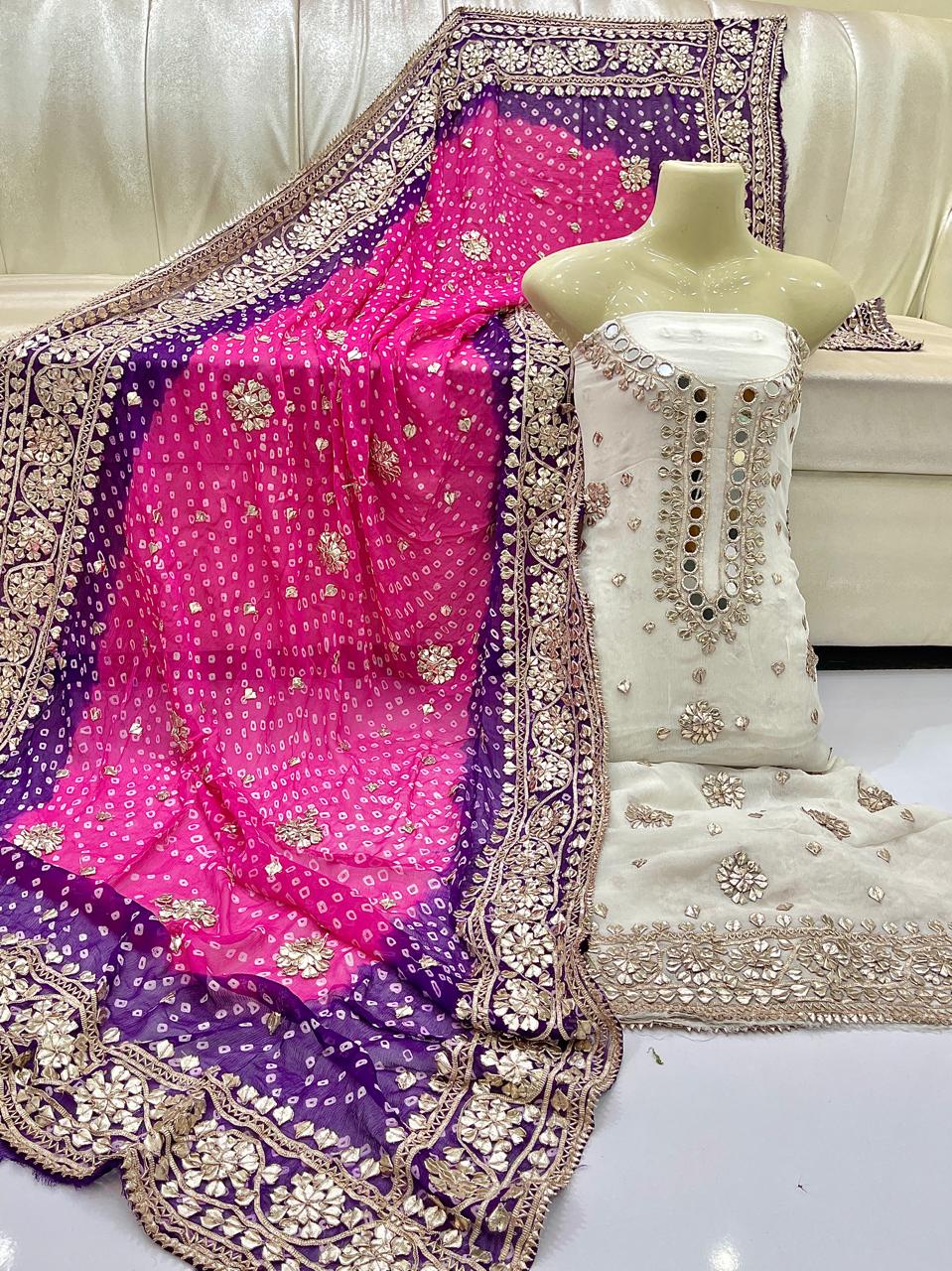 Traditional Mirror Work & Bandhani Dupatta 3-Piece Unstitched Suit