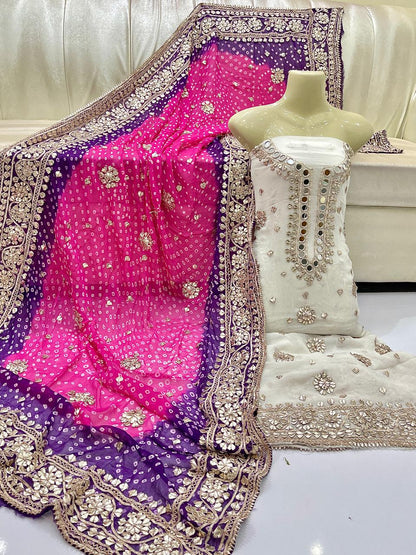Traditional Mirror Work & Bandhani Dupatta 3-Piece Unstitched Suit