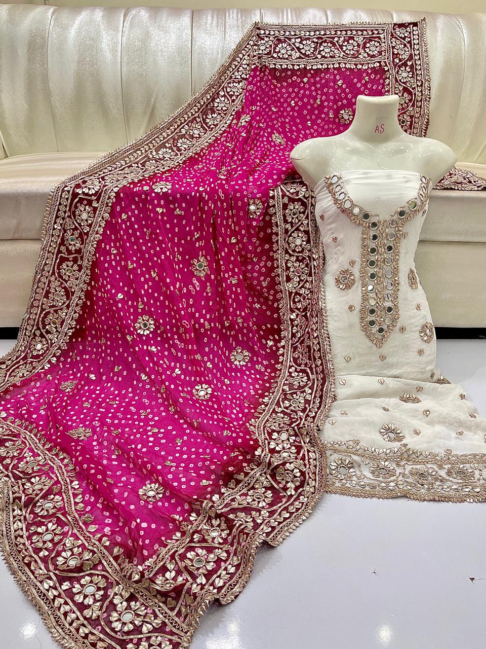 Traditional Mirror Work & Bandhani Dupatta 3-Piece Unstitched Suit