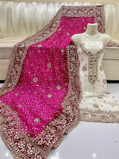 Traditional Mirror Work & Bandhani Dupatta 3-Piece Unstitched Suit