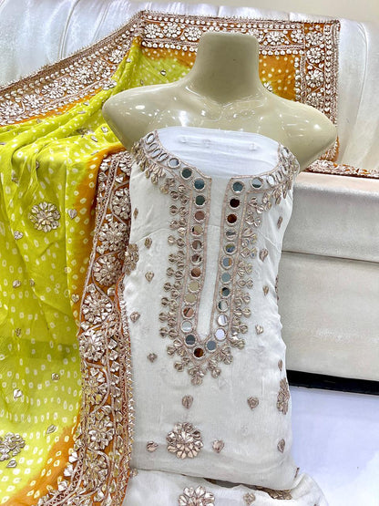 Traditional Mirror Work & Bandhani Dupatta 3-Piece Unstitched Suit