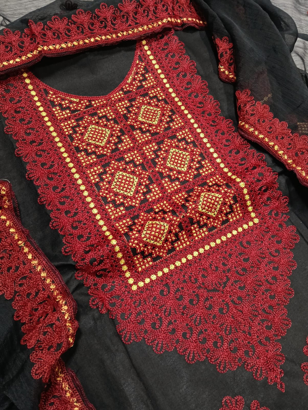 Cross-Stitch Embroidered 3-Piece Unstitched Suit with Cutwork Dupatta